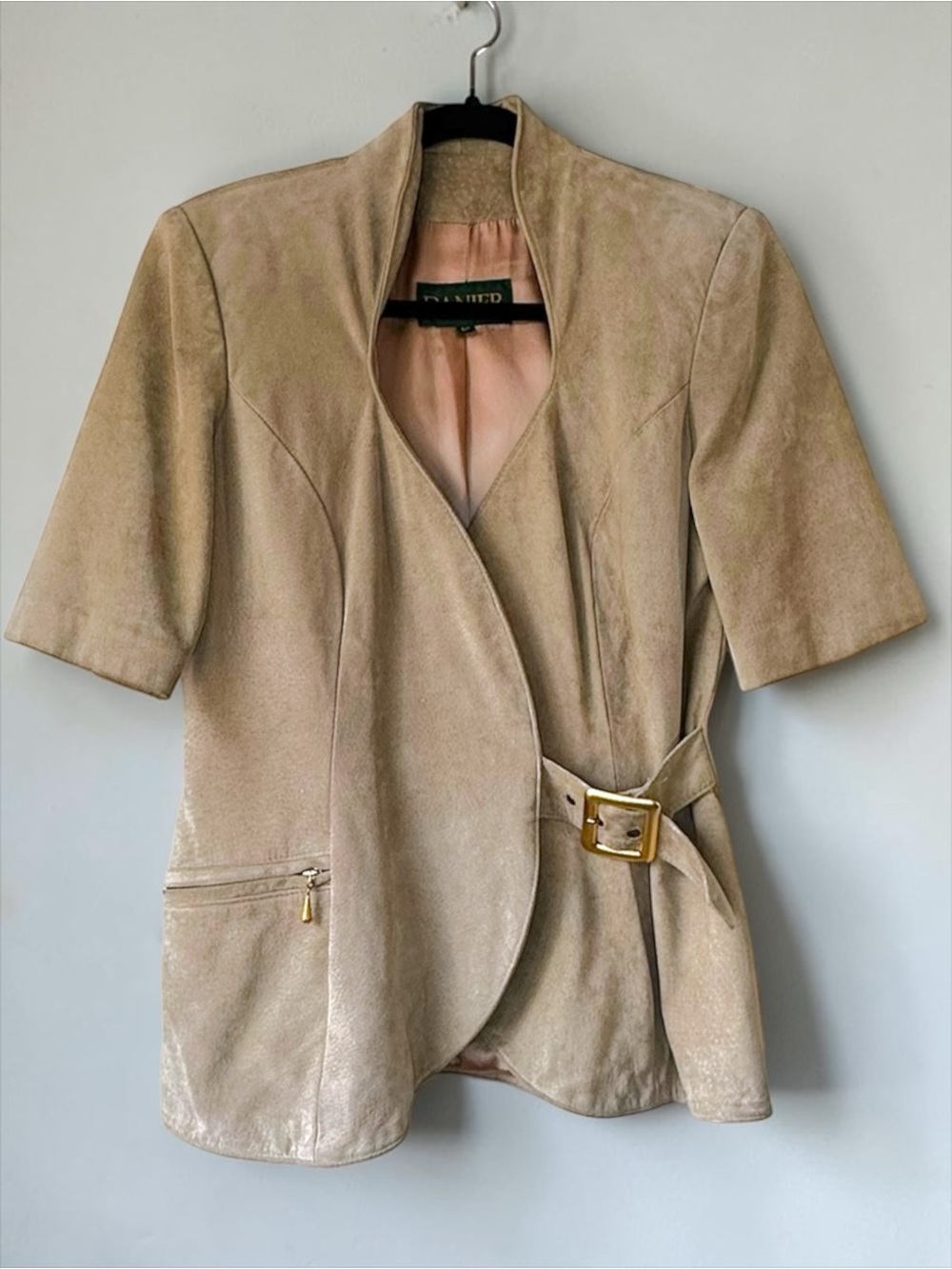 DANIER Suede Leather Wrap Short Sleeved Jacket with Gold Buckle - Tan - S/P - Picture 14 of 16